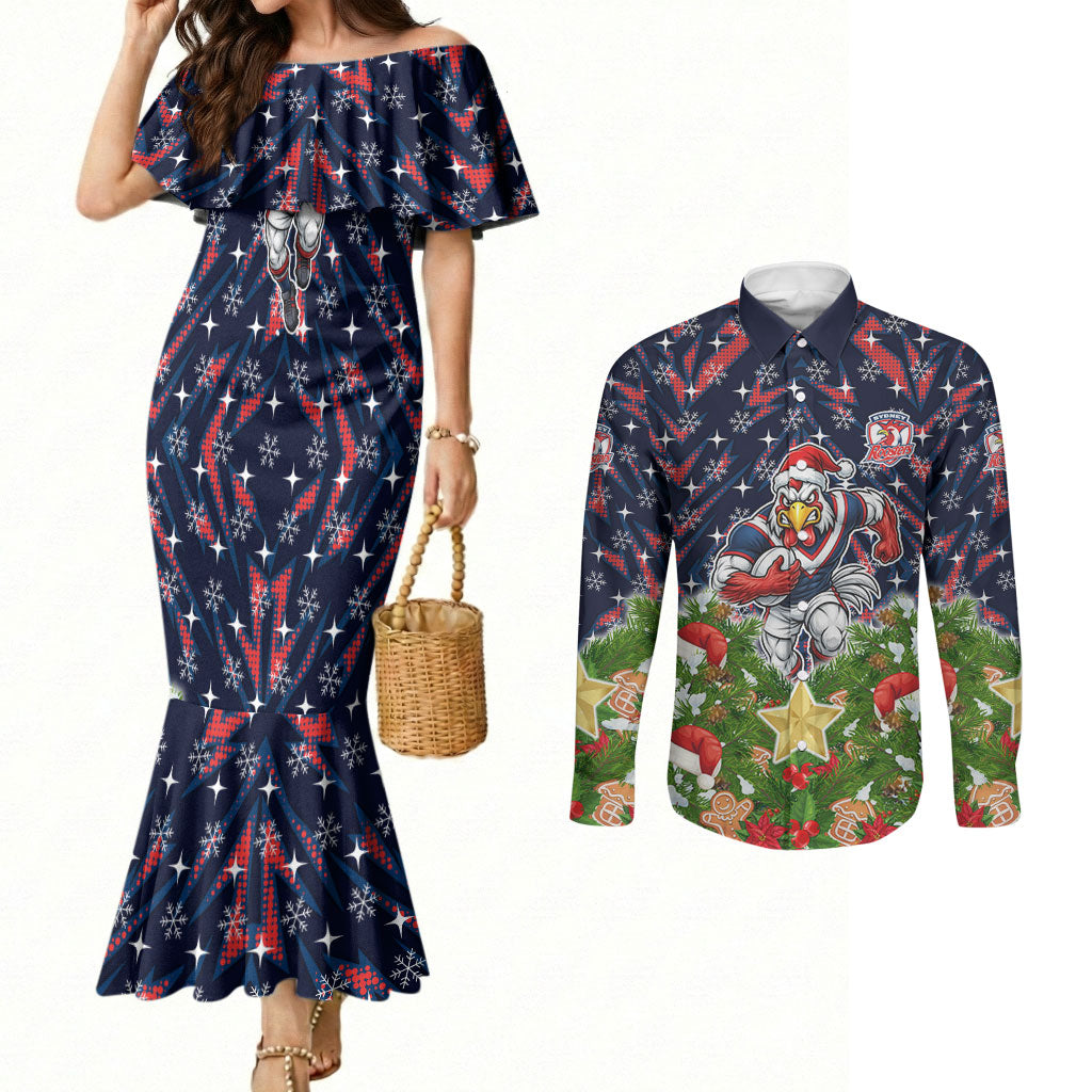 Personalised Sydney Roosters Rugby Christmas Couples Matching Mermaid Dress and Long Sleeve Button Shirt Santa Rugby Mascot - Pine Wreath Festive