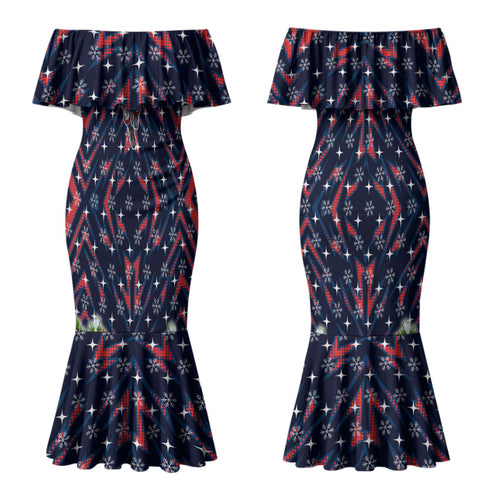 Personalised Sydney Roosters Rugby Christmas Couples Matching Mermaid Dress and Long Sleeve Button Shirt Santa Rugby Mascot - Pine Wreath Festive