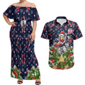 Personalised Sydney Roosters Rugby Christmas Couples Matching Off Shoulder Maxi Dress and Hawaiian Shirt Santa Rugby Mascot - Pine Wreath Festive