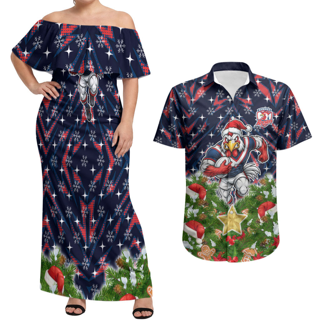 Personalised Sydney Roosters Rugby Christmas Couples Matching Off Shoulder Maxi Dress and Hawaiian Shirt Santa Rugby Mascot - Pine Wreath Festive