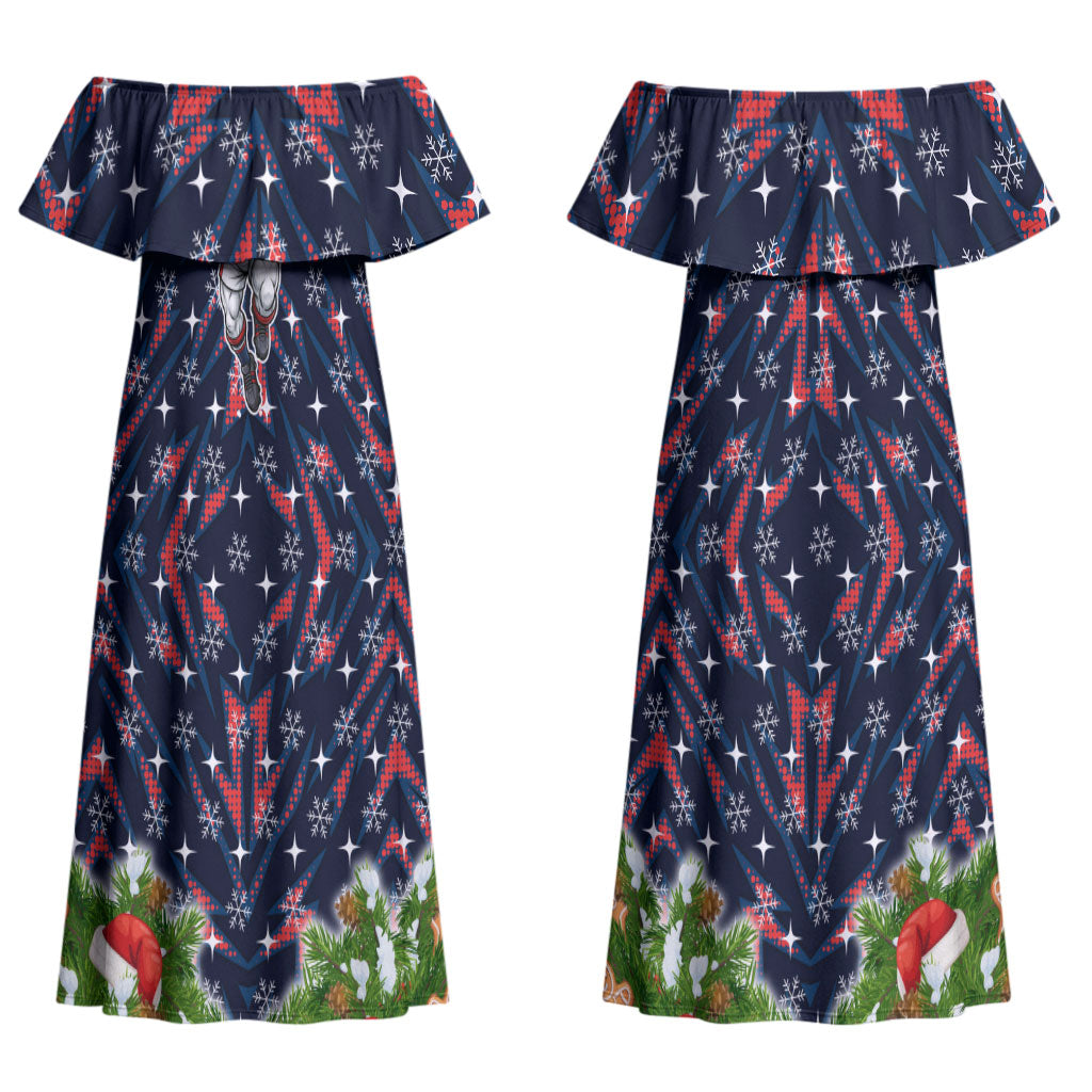 Personalised Sydney Roosters Rugby Christmas Couples Matching Off Shoulder Maxi Dress and Hawaiian Shirt Santa Rugby Mascot - Pine Wreath Festive