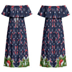 Personalised Sydney Roosters Rugby Christmas Couples Matching Off Shoulder Maxi Dress and Hawaiian Shirt Santa Rugby Mascot - Pine Wreath Festive