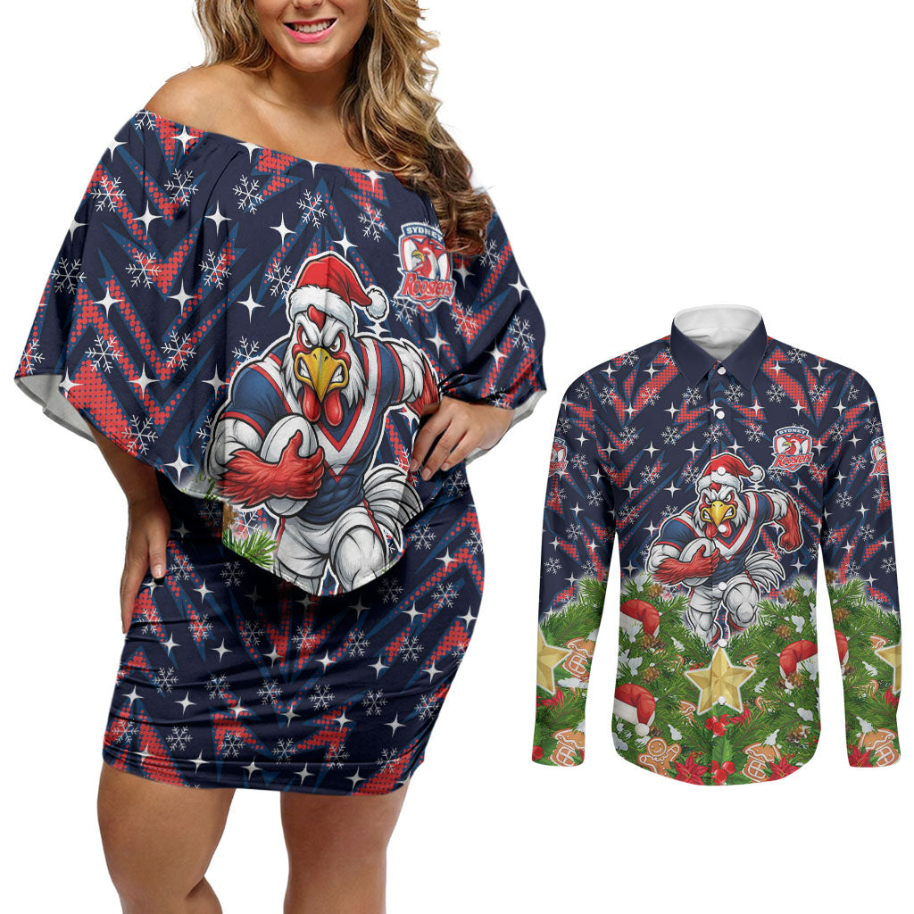 Personalised Sydney Roosters Rugby Christmas Couples Matching Off Shoulder Short Dress and Long Sleeve Button Shirt Santa Rugby Mascot - Pine Wreath Festive