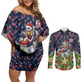Personalised Sydney Roosters Rugby Christmas Couples Matching Off Shoulder Short Dress and Long Sleeve Button Shirt Santa Rugby Mascot - Pine Wreath Festive