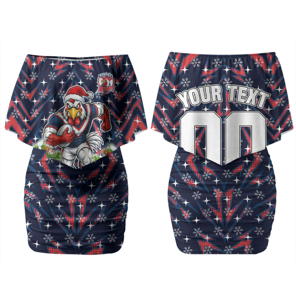 Personalised Sydney Roosters Rugby Christmas Couples Matching Off Shoulder Short Dress and Long Sleeve Button Shirt Santa Rugby Mascot - Pine Wreath Festive