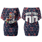 Personalised Sydney Roosters Rugby Christmas Couples Matching Off Shoulder Short Dress and Long Sleeve Button Shirt Santa Rugby Mascot - Pine Wreath Festive