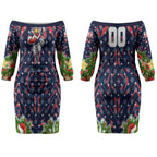 Personalised Sydney Roosters Rugby Christmas Couples Matching Off The Shoulder Long Sleeve Dress and Hawaiian Shirt Santa Rugby Mascot - Pine Wreath Festive