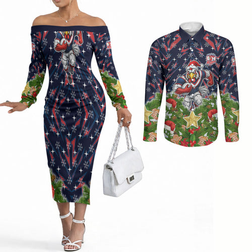 Personalised Sydney Roosters Rugby Christmas Couples Matching Off The Shoulder Long Sleeve Dress and Long Sleeve Button Shirt Santa Rugby Mascot - Pine Wreath Festive