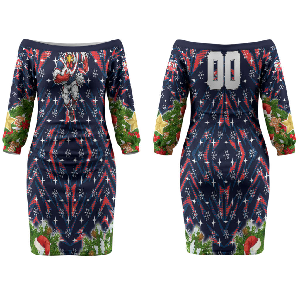Personalised Sydney Roosters Rugby Christmas Couples Matching Off The Shoulder Long Sleeve Dress and Long Sleeve Button Shirt Santa Rugby Mascot - Pine Wreath Festive