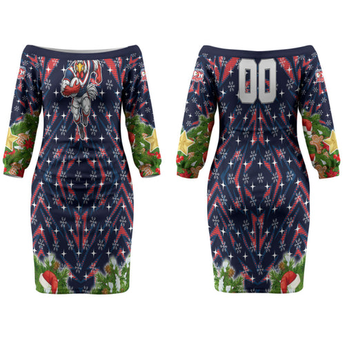 Personalised Sydney Roosters Rugby Christmas Couples Matching Off The Shoulder Long Sleeve Dress and Long Sleeve Button Shirt Santa Rugby Mascot - Pine Wreath Festive