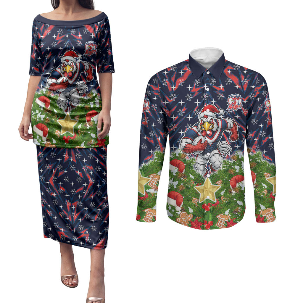 Personalised Sydney Roosters Rugby Christmas Couples Matching Puletasi and Long Sleeve Button Shirt Santa Rugby Mascot - Pine Wreath Festive