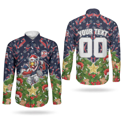 Personalised Sydney Roosters Rugby Christmas Couples Matching Puletasi and Long Sleeve Button Shirt Santa Rugby Mascot - Pine Wreath Festive