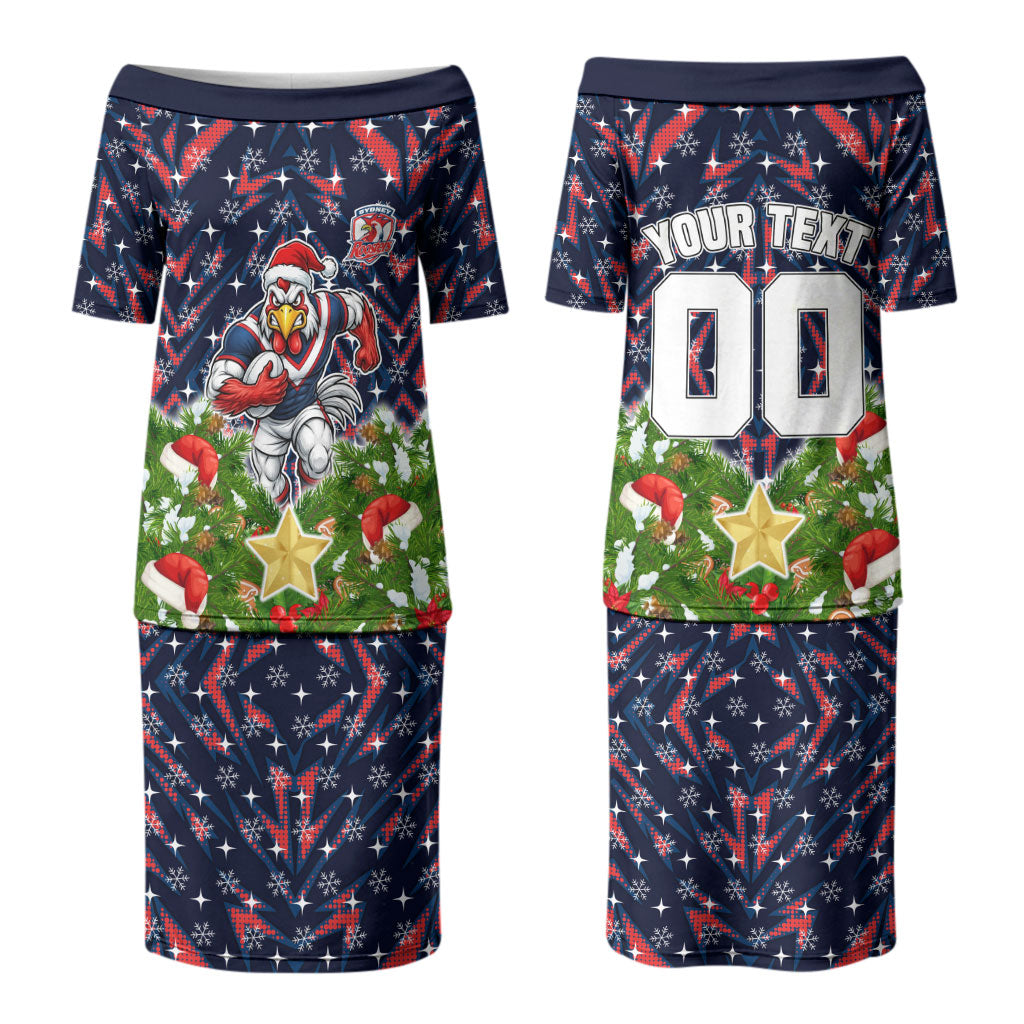Personalised Sydney Roosters Rugby Christmas Couples Matching Puletasi and Long Sleeve Button Shirt Santa Rugby Mascot - Pine Wreath Festive