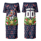 Personalised Sydney Roosters Rugby Christmas Couples Matching Puletasi and Long Sleeve Button Shirt Santa Rugby Mascot - Pine Wreath Festive
