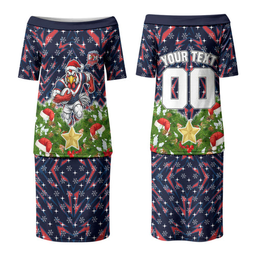 Personalised Sydney Roosters Rugby Christmas Couples Matching Puletasi and Long Sleeve Button Shirt Santa Rugby Mascot - Pine Wreath Festive