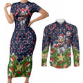 Personalised Sydney Roosters Rugby Christmas Couples Matching Short Sleeve Bodycon Dress and Long Sleeve Button Shirt Santa Rugby Mascot - Pine Wreath Festive