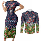Personalised Sydney Roosters Rugby Christmas Couples Matching Short Sleeve Bodycon Dress and Long Sleeve Button Shirt Santa Rugby Mascot - Pine Wreath Festive