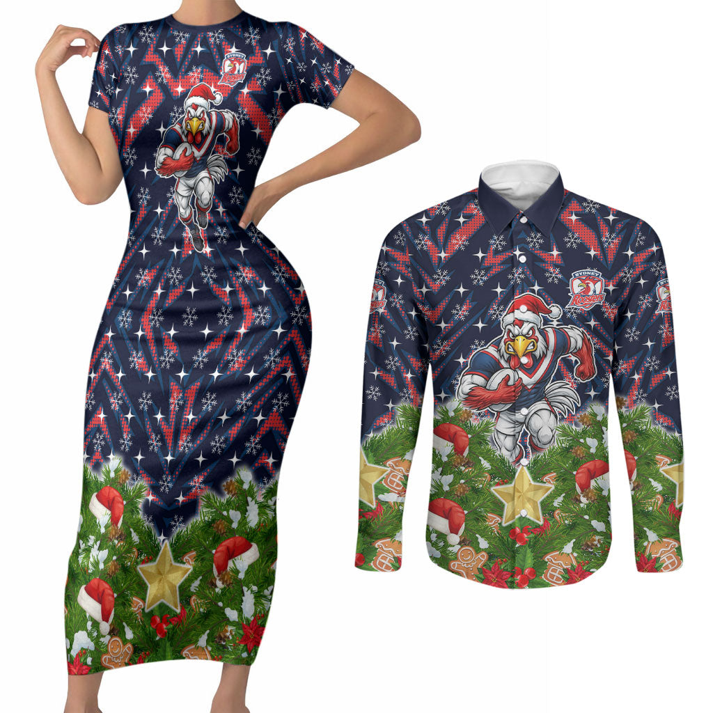 Personalised Sydney Roosters Rugby Christmas Couples Matching Short Sleeve Bodycon Dress and Long Sleeve Button Shirt Santa Rugby Mascot - Pine Wreath Festive