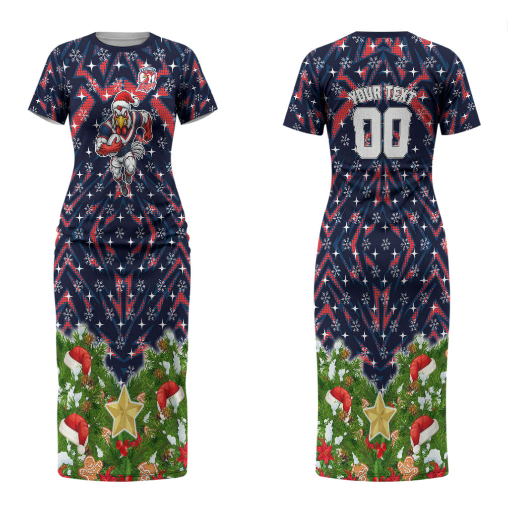 Personalised Sydney Roosters Rugby Christmas Couples Matching Short Sleeve Bodycon Dress and Long Sleeve Button Shirt Santa Rugby Mascot - Pine Wreath Festive
