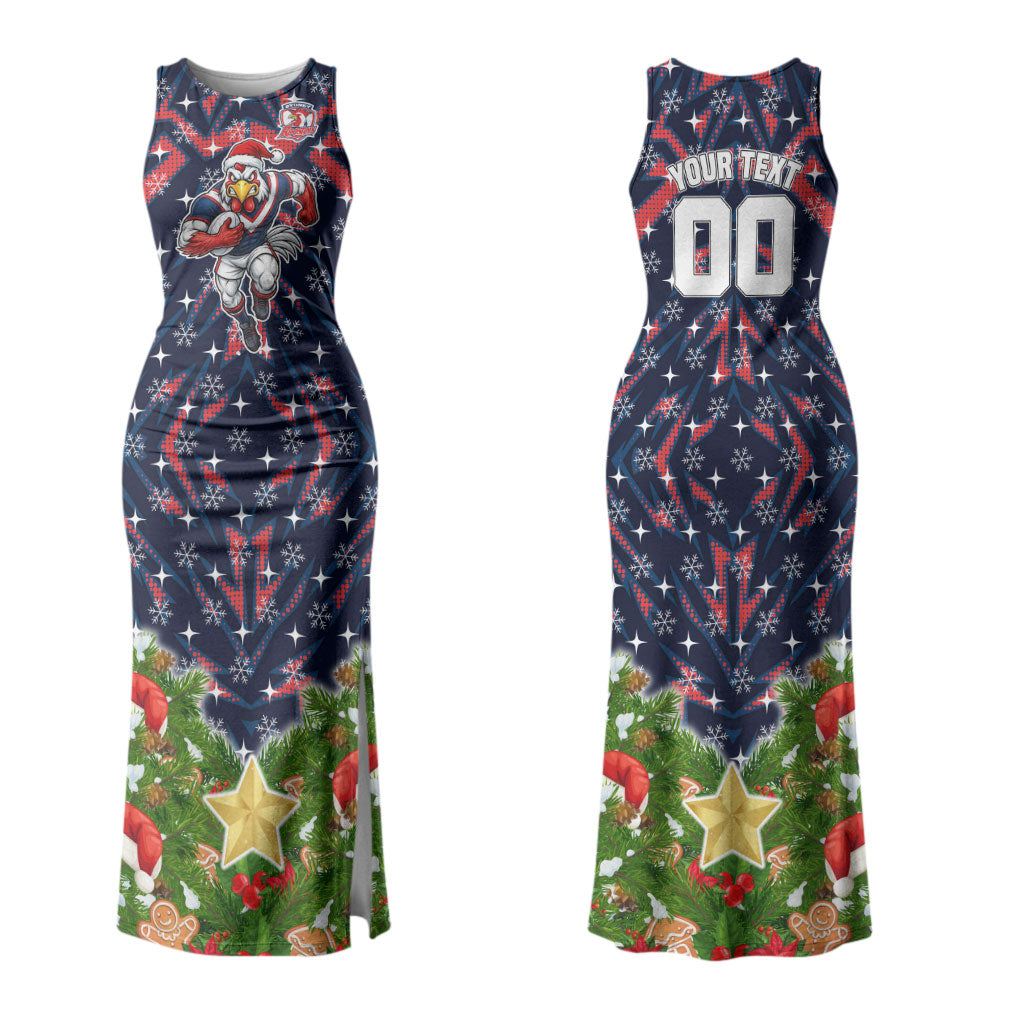 Personalised Sydney Roosters Rugby Christmas Couples Matching Tank Maxi Dress and Hawaiian Shirt Santa Rugby Mascot - Pine Wreath Festive
