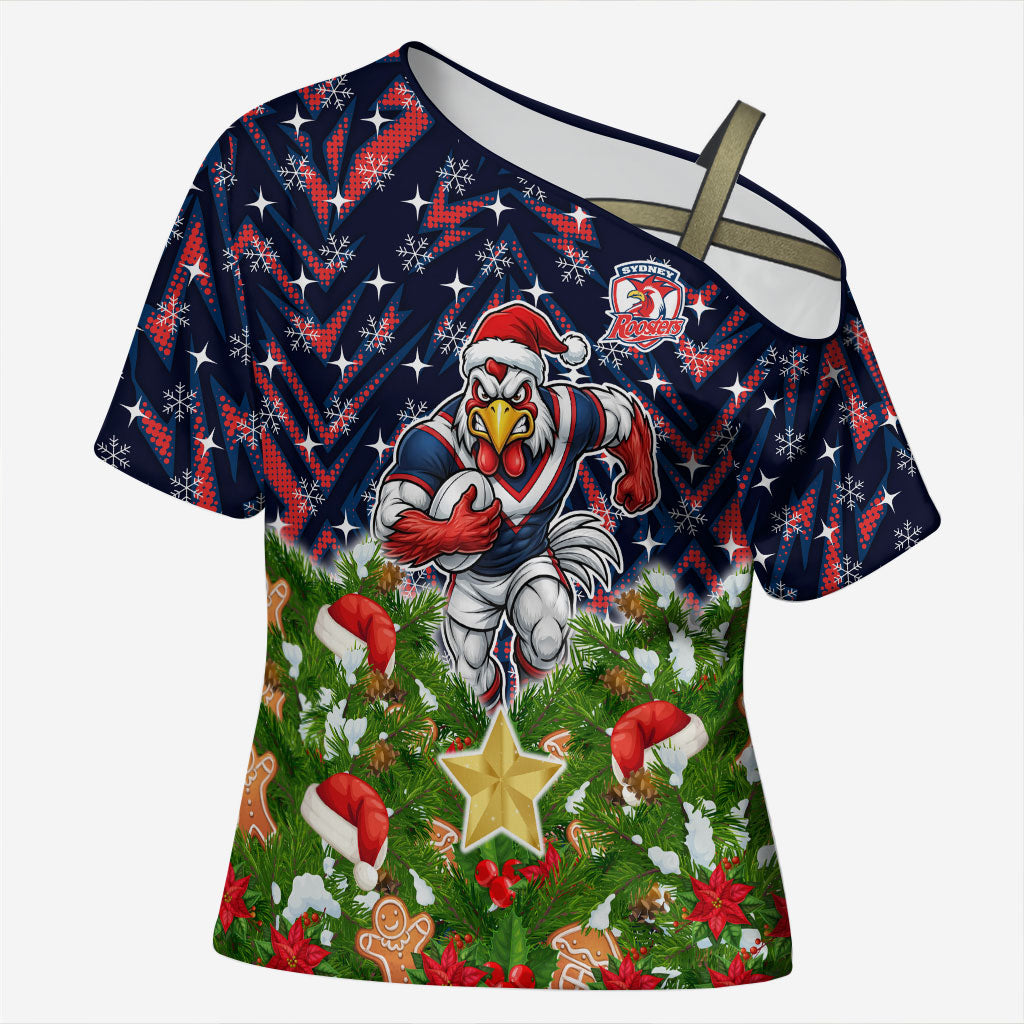 Personalised Sydney Roosters Rugby Christmas Cross Shoulder Shirt Santa Rugby Mascot - Pine Wreath Festive