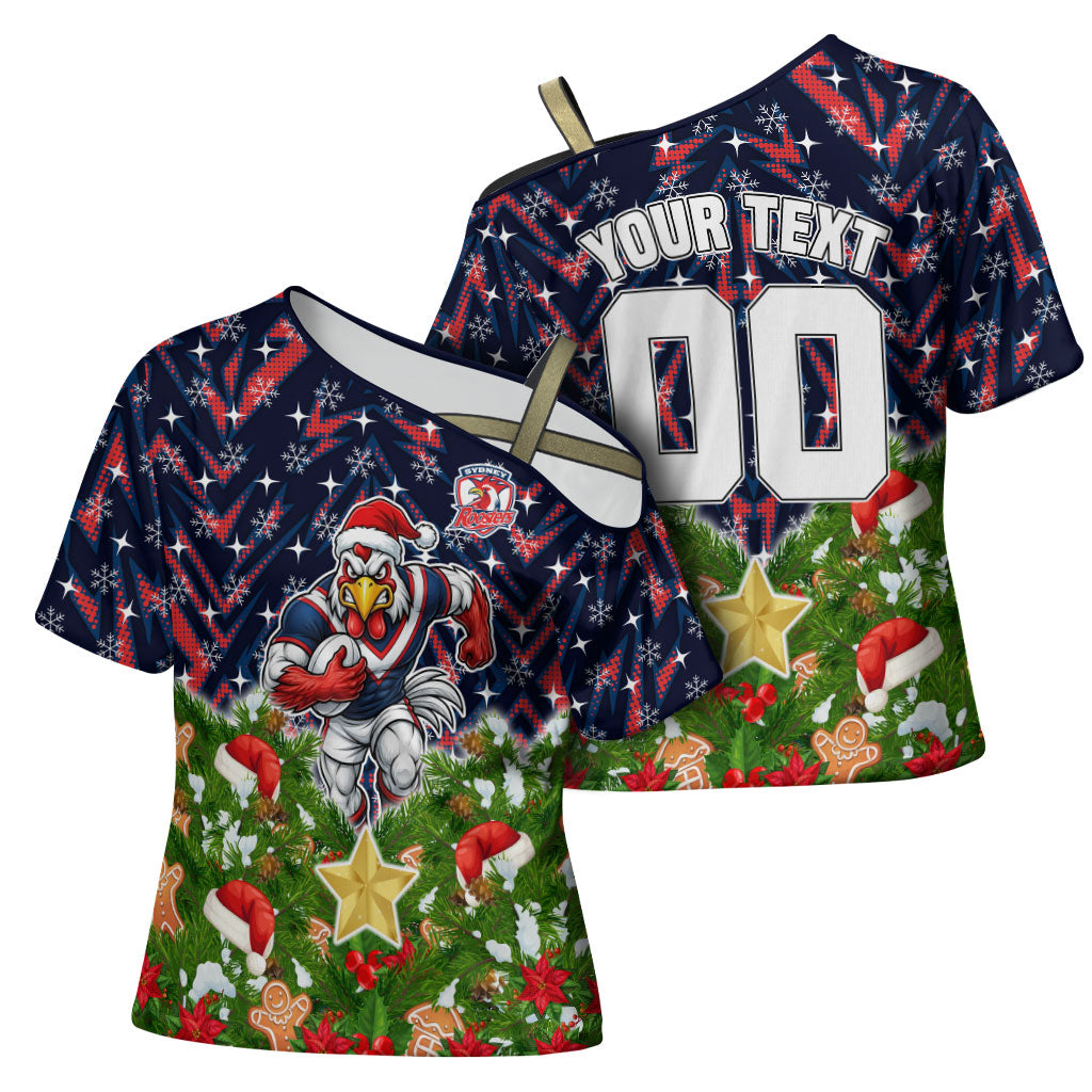 Personalised Sydney Roosters Rugby Christmas Cross Shoulder Shirt Santa Rugby Mascot - Pine Wreath Festive