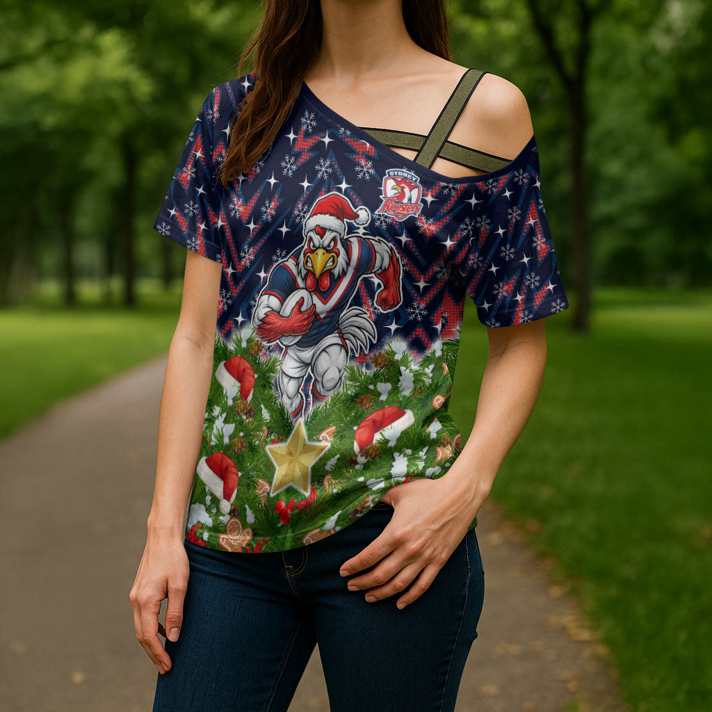Personalised Sydney Roosters Rugby Christmas Cross Shoulder Shirt Santa Rugby Mascot - Pine Wreath Festive