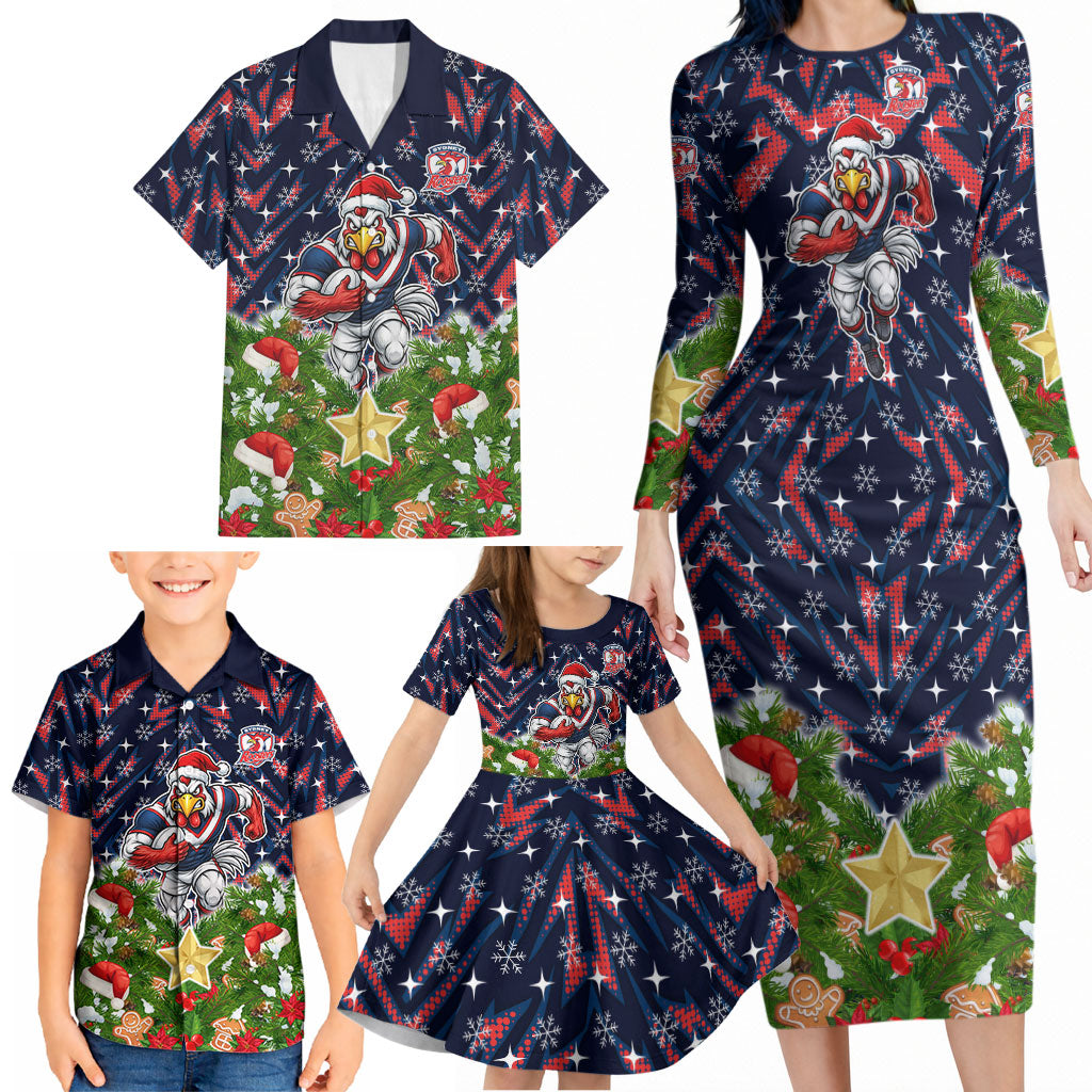 Personalised Sydney Roosters Rugby Christmas Family Matching Long Sleeve Bodycon Dress and Hawaiian Shirt Santa Rugby Mascot - Pine Wreath Festive
