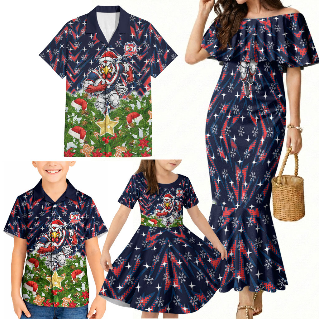 Personalised Sydney Roosters Rugby Christmas Family Matching Mermaid Dress and Hawaiian Shirt Santa Rugby Mascot - Pine Wreath Festive