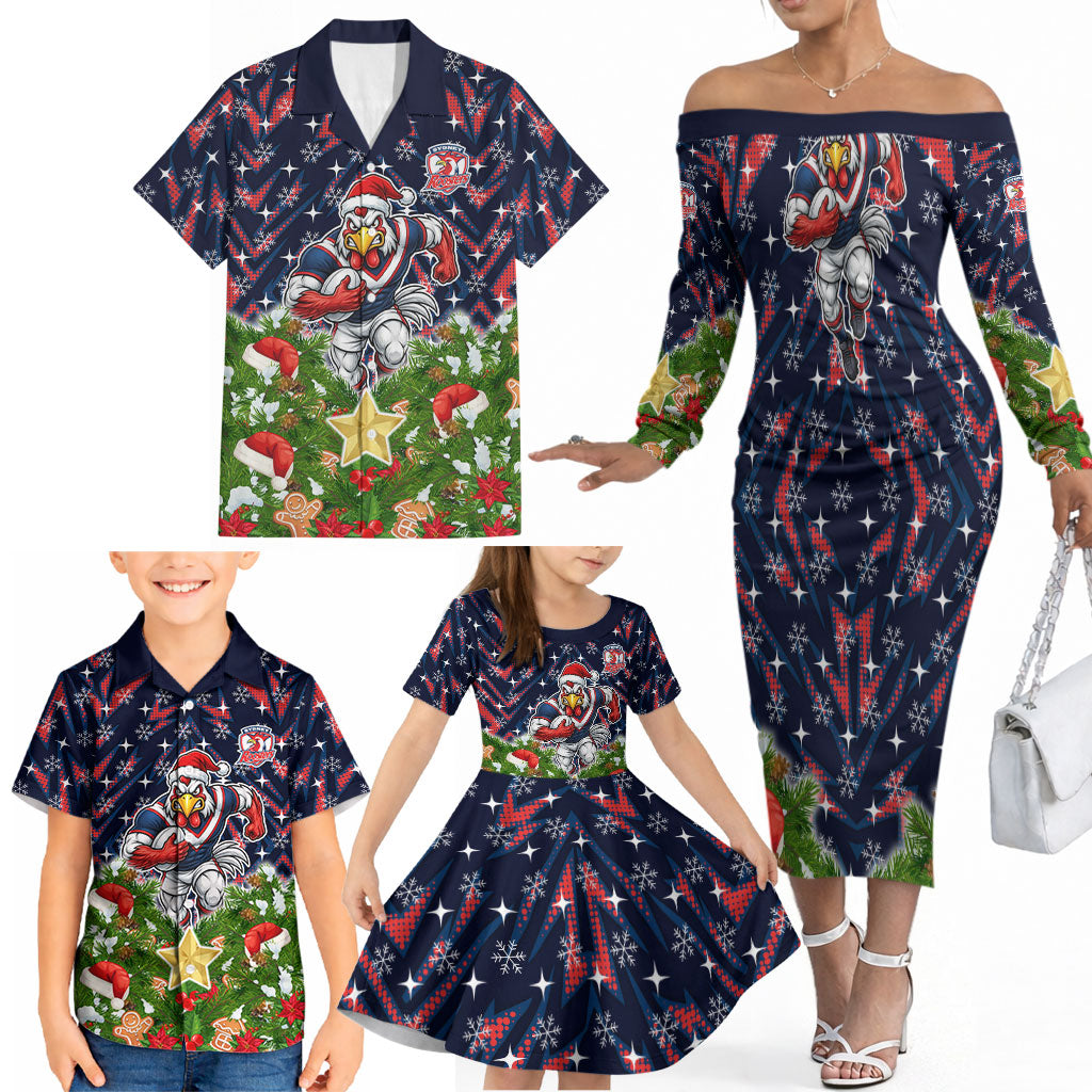 Personalised Sydney Roosters Rugby Christmas Family Matching Off The Shoulder Long Sleeve Dress and Hawaiian Shirt Santa Rugby Mascot - Pine Wreath Festive
