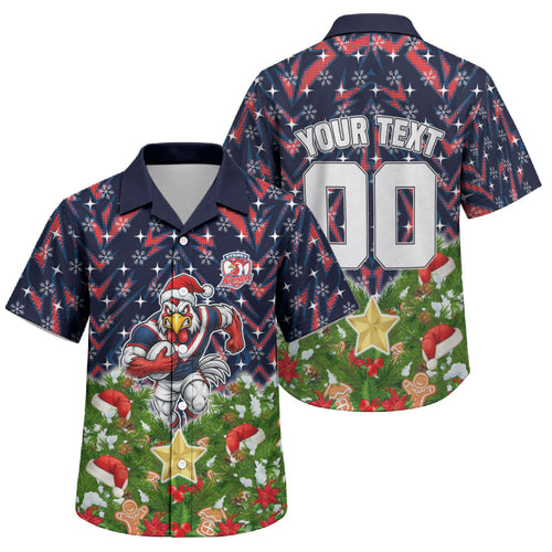 Personalised Sydney Roosters Rugby Christmas Family Matching Off The Shoulder Long Sleeve Dress and Hawaiian Shirt Santa Rugby Mascot - Pine Wreath Festive