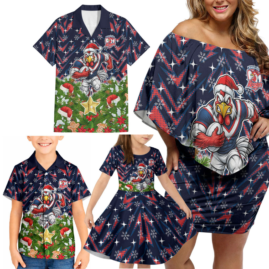 Personalised Sydney Roosters Rugby Christmas Family Matching Off Shoulder Short Dress and Hawaiian Shirt Santa Rugby Mascot - Pine Wreath Festive