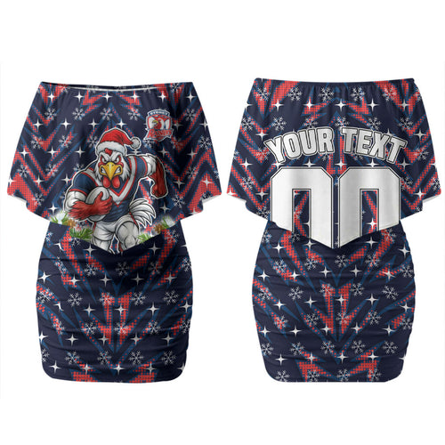 Personalised Sydney Roosters Rugby Christmas Family Matching Off Shoulder Short Dress and Hawaiian Shirt Santa Rugby Mascot - Pine Wreath Festive
