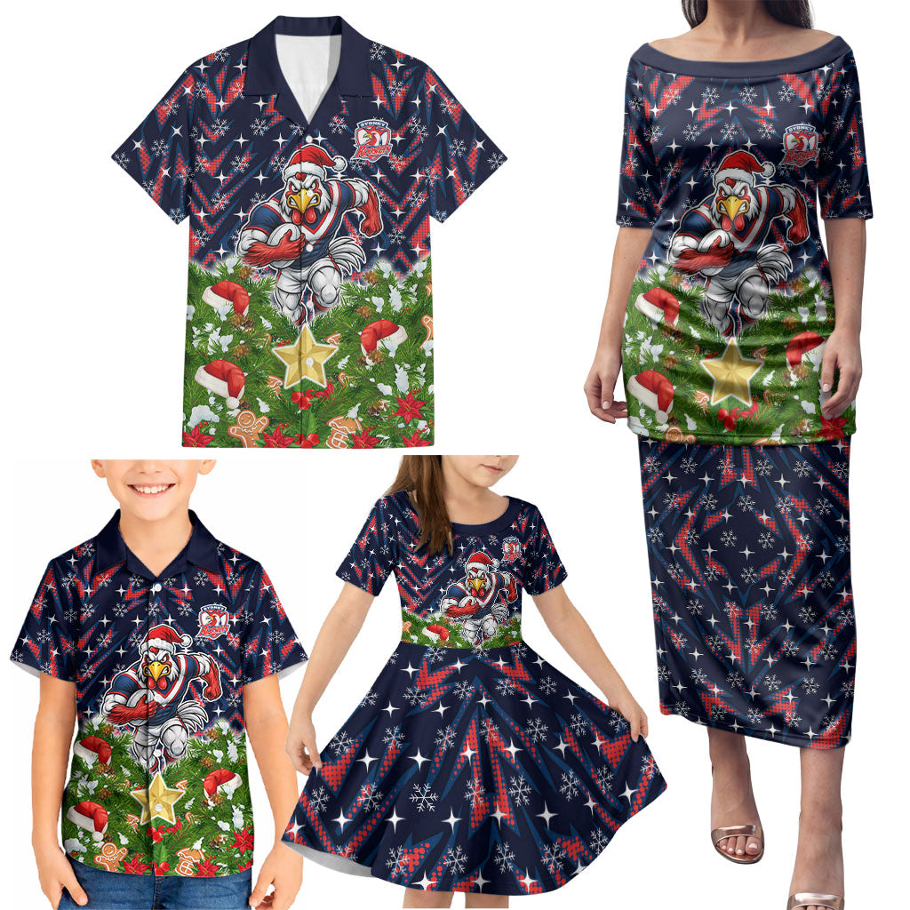 Personalised Sydney Roosters Rugby Christmas Family Matching Puletasi and Hawaiian Shirt Santa Rugby Mascot - Pine Wreath Festive