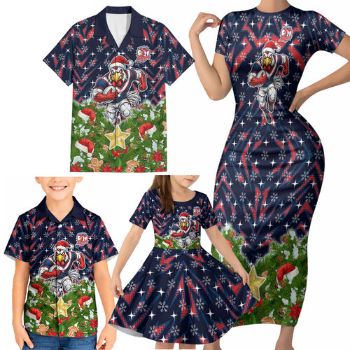 Personalised Sydney Roosters Rugby Christmas Family Matching Short Sleeve Bodycon Dress and Hawaiian Shirt Santa Rugby Mascot - Pine Wreath Festive