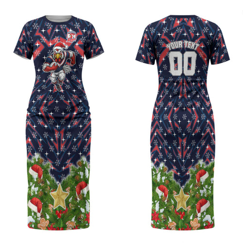 Personalised Sydney Roosters Rugby Christmas Family Matching Short Sleeve Bodycon Dress and Hawaiian Shirt Santa Rugby Mascot - Pine Wreath Festive