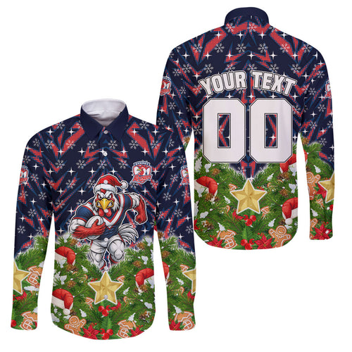 Personalised Sydney Roosters Rugby Christmas Family Matching Short Sleeve Bodycon Dress and Hawaiian Shirt Santa Rugby Mascot - Pine Wreath Festive