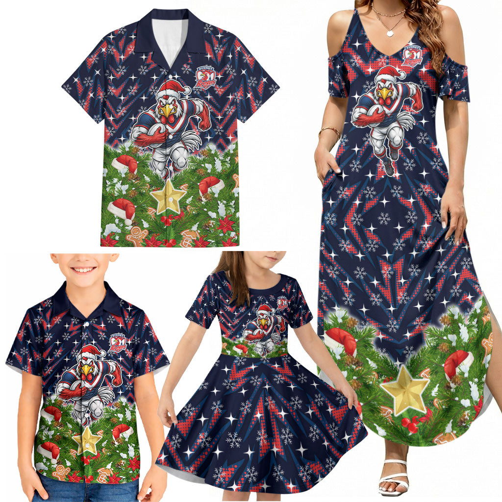 Personalised Sydney Roosters Rugby Christmas Family Matching Summer Maxi Dress and Hawaiian Shirt Santa Rugby Mascot - Pine Wreath Festive
