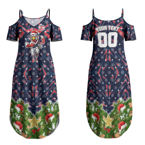 Personalised Sydney Roosters Rugby Christmas Family Matching Summer Maxi Dress and Hawaiian Shirt Santa Rugby Mascot - Pine Wreath Festive