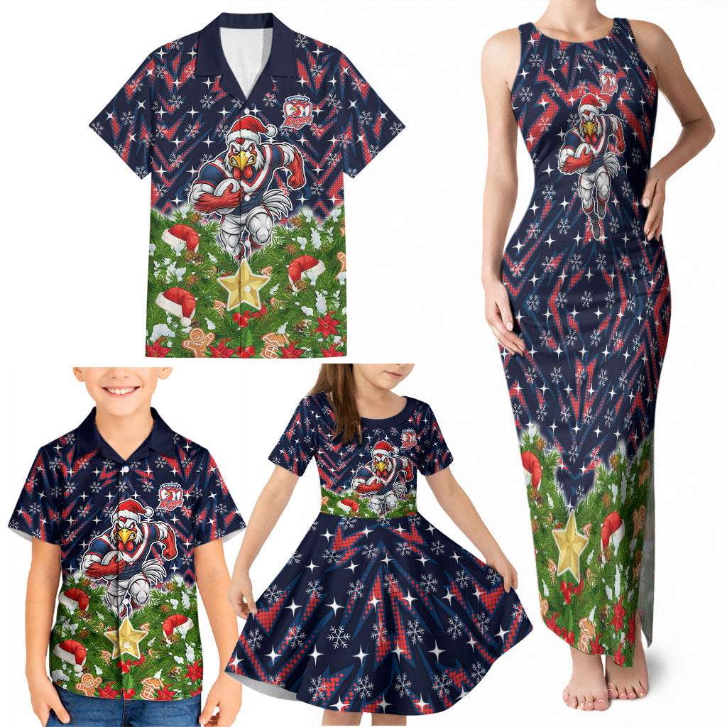 Personalised Sydney Roosters Rugby Christmas Family Matching Tank Maxi Dress and Hawaiian Shirt Santa Rugby Mascot - Pine Wreath Festive