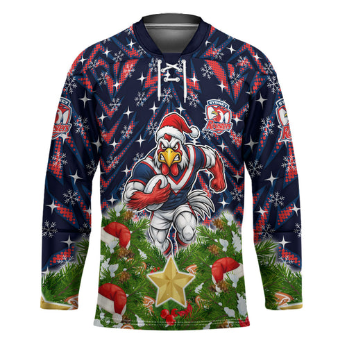 Personalised Sydney Roosters Rugby Christmas Hockey Jersey Santa Rugby Mascot - Pine Wreath Festive
