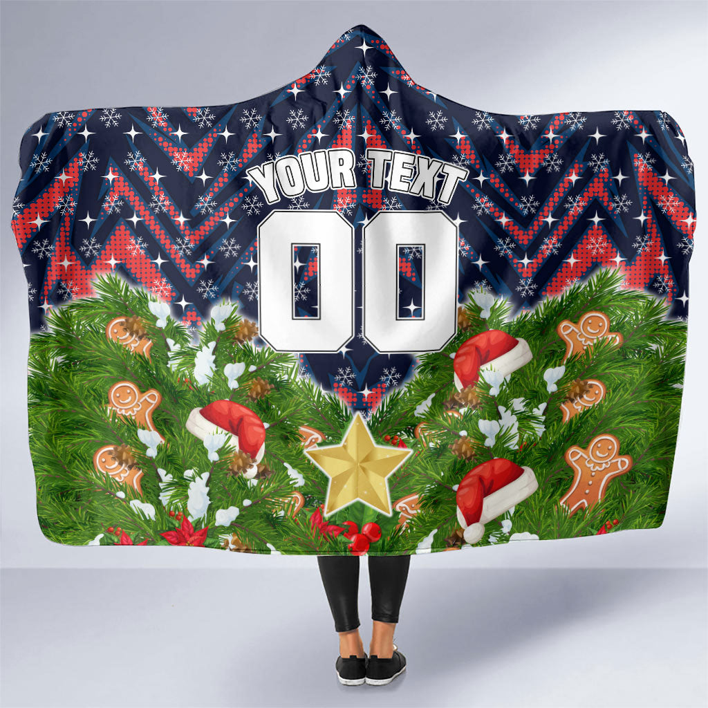 Personalised Sydney Roosters Rugby Christmas Hooded Blanket Santa Rugby Mascot - Pine Wreath Festive