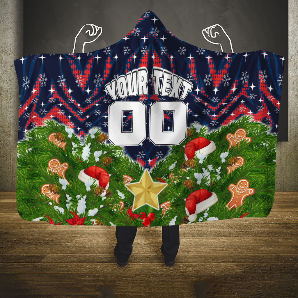 Personalised Sydney Roosters Rugby Christmas Hooded Blanket Santa Rugby Mascot - Pine Wreath Festive