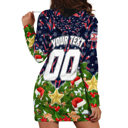 Personalised Sydney Roosters Rugby Christmas Hoodie Dress Santa Rugby Mascot - Pine Wreath Festive