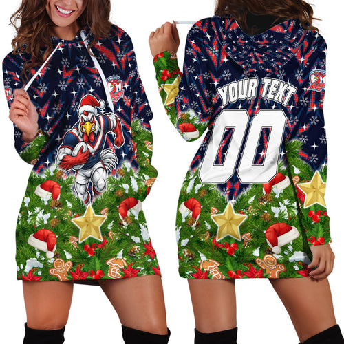 Personalised Sydney Roosters Rugby Christmas Hoodie Dress Santa Rugby Mascot - Pine Wreath Festive