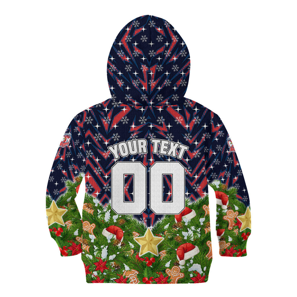 Personalised Sydney Roosters Rugby Christmas Kid Hoodie Santa Rugby Mascot - Pine Wreath Festive