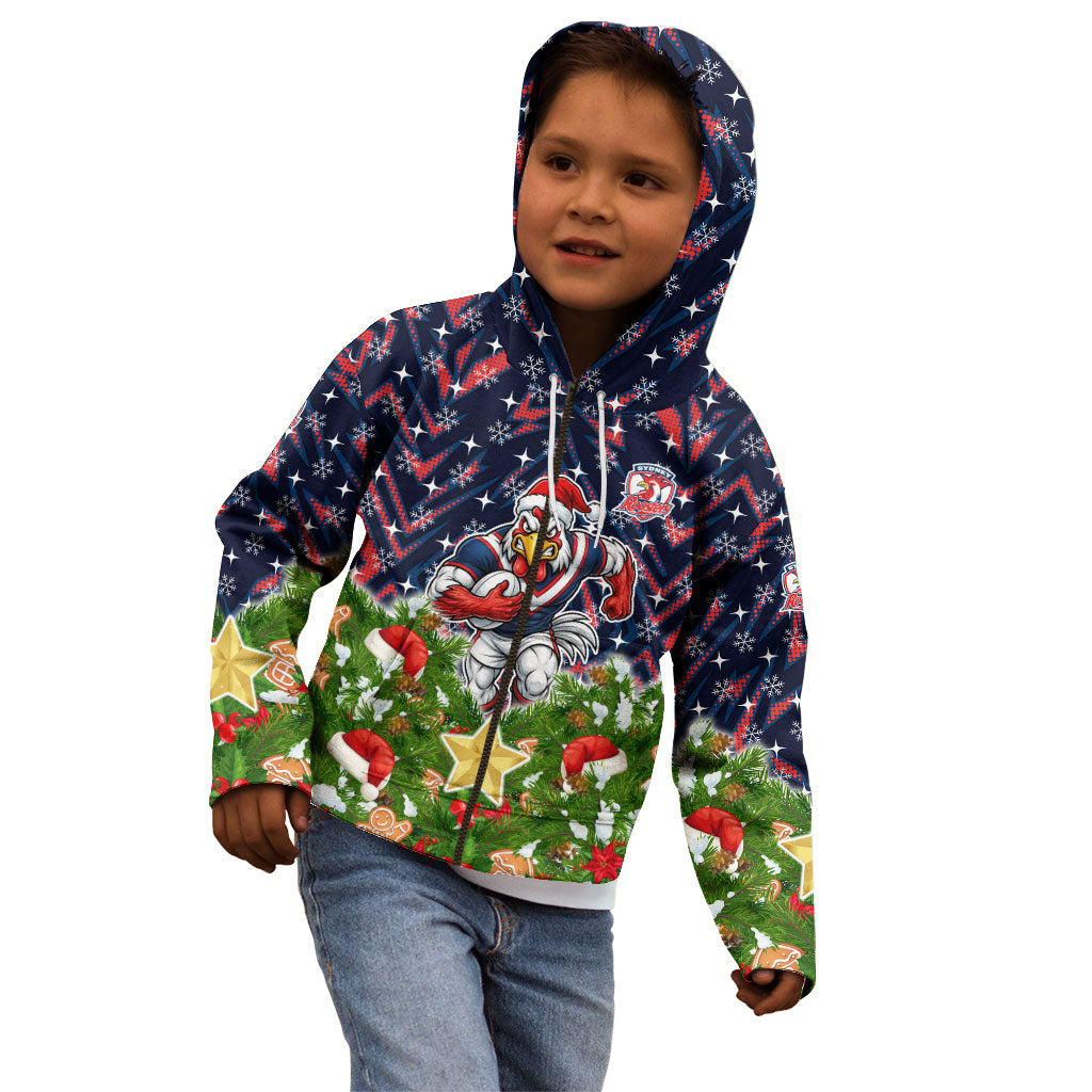 Personalised Sydney Roosters Rugby Christmas Kid Hoodie Santa Rugby Mascot - Pine Wreath Festive
