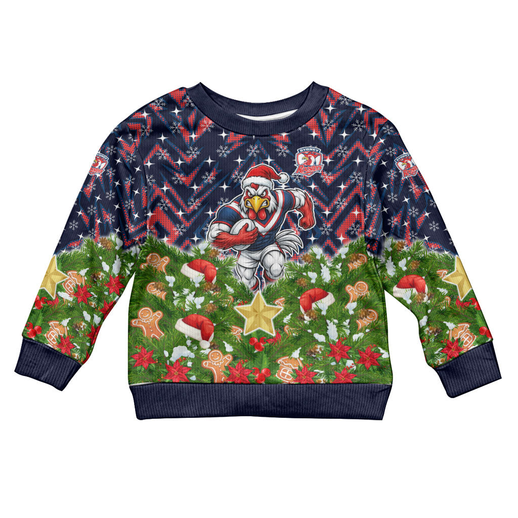 Personalised Sydney Roosters Rugby Christmas Kid Ugly Christmas Sweater Santa Rugby Mascot - Pine Wreath Festive