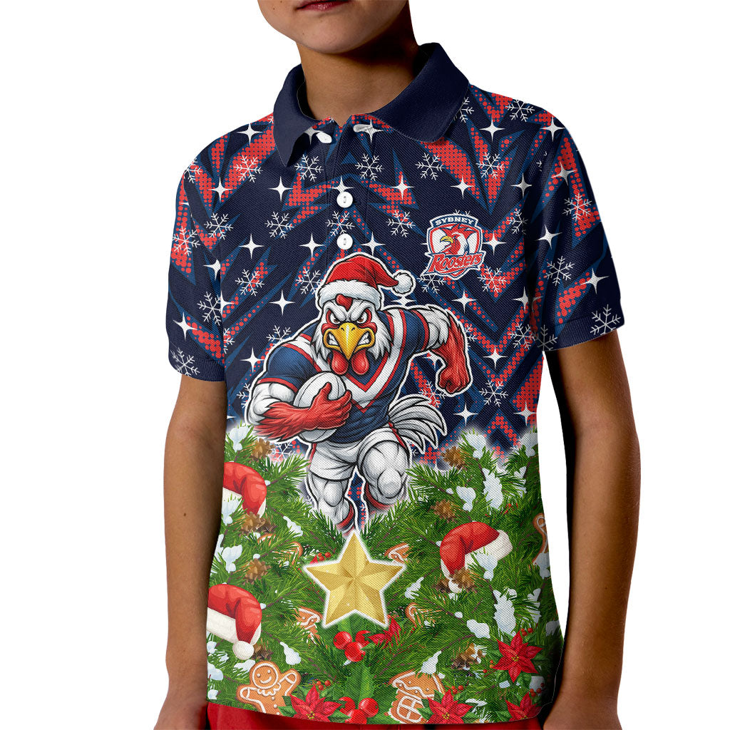 Personalised Sydney Roosters Rugby Christmas Kid Polo Shirt Santa Rugby Mascot - Pine Wreath Festive