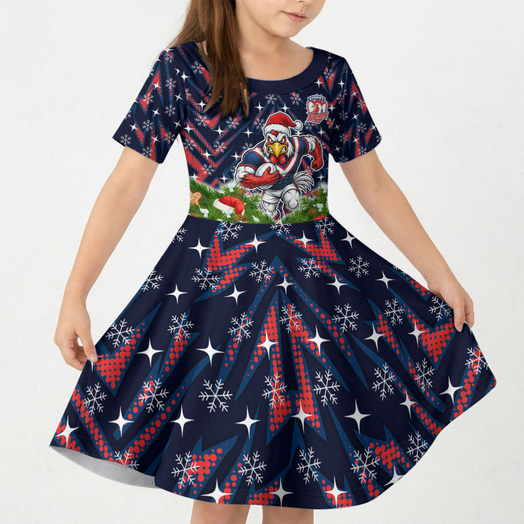 Personalised Sydney Roosters Rugby Christmas Kid Short Sleeve Dress Santa Rugby Mascot - Pine Wreath Festive